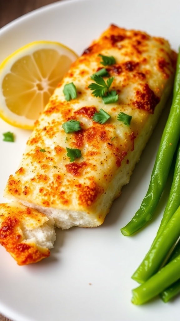 Baked parmesan haddock fillet on a plate with lemon wedges and green vegetables.